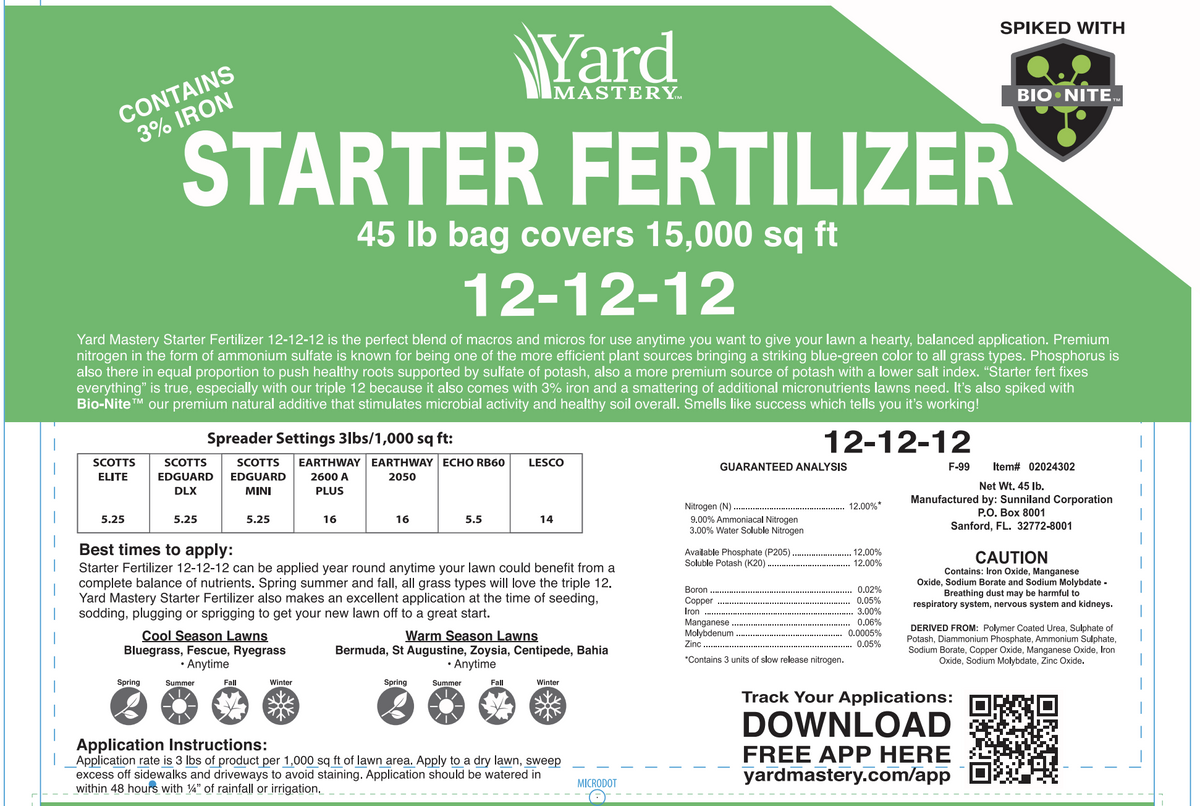 121212 Starter Fertilizer 3 Iron BioNite Granular Lawn Fertili NC Grass Plugs