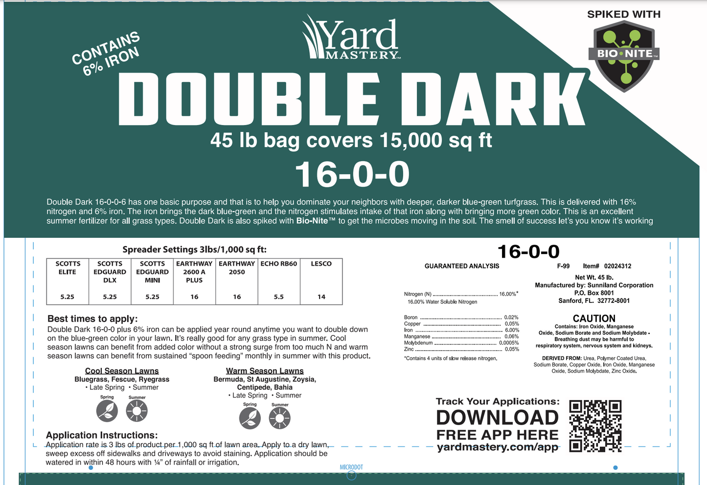 16-0-0 Double Dark  6% Iron - Bio-Nite - Granular Lawn Fertilizer