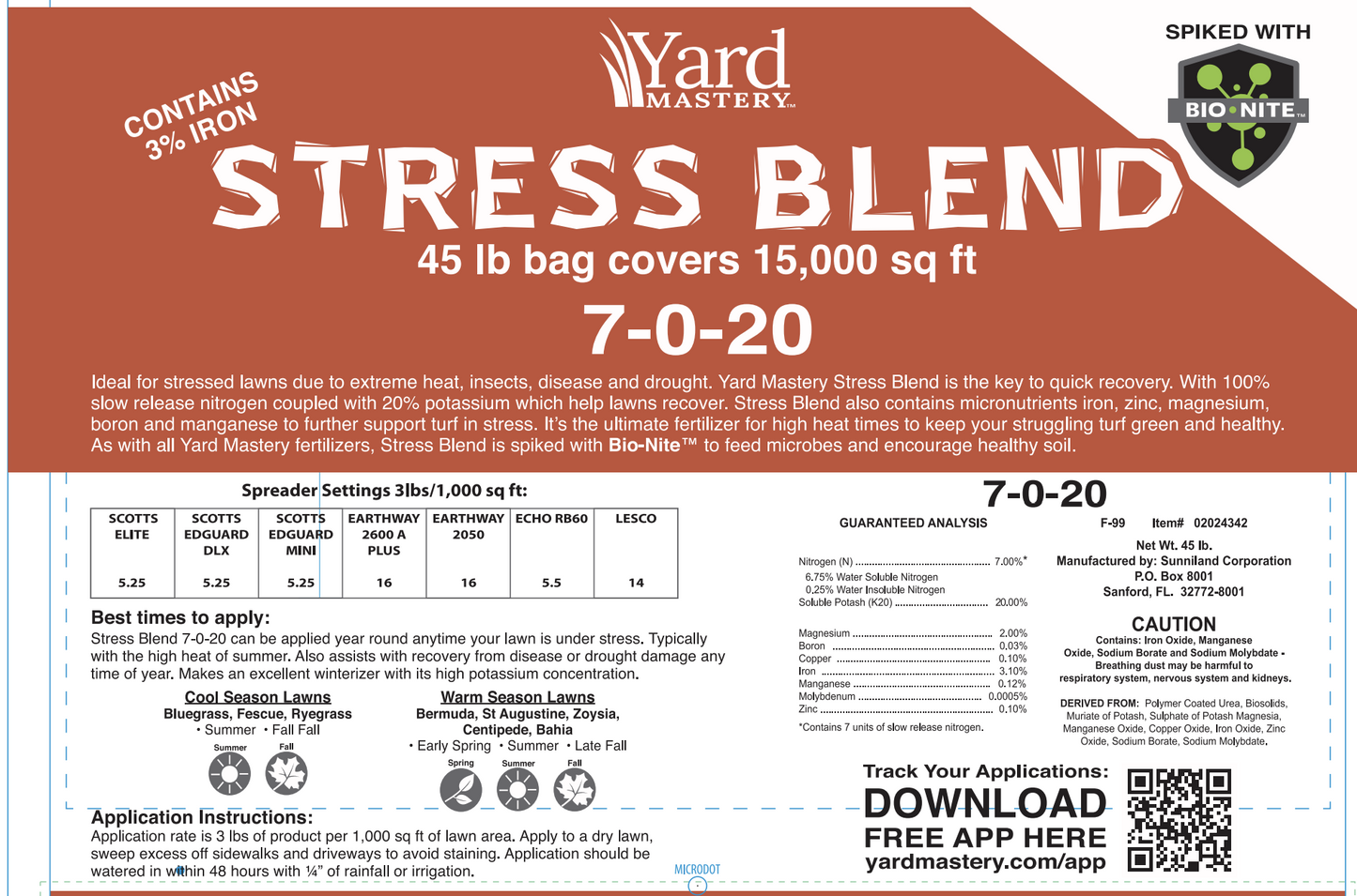 7-0-20 Stress Blend  3% Iron - Bio-Nite - Granular Lawn Fertilizer