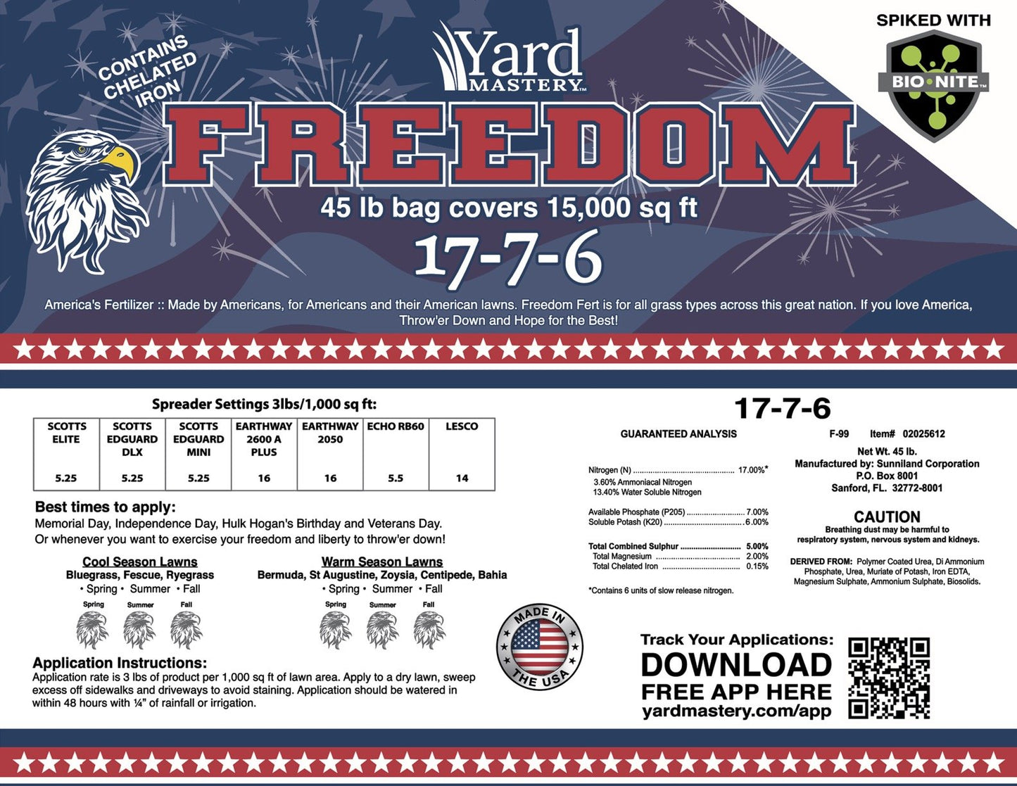 17-7-6 Yard Mastery Freedom Fertilizer  3% chelated Iron, Magnesium and Bio-Nite - Granular Lawn Fertilizer